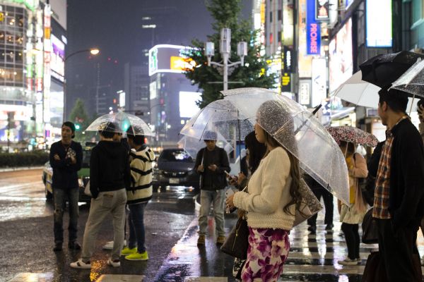 Young people under umbrellas at night in front of city lights
